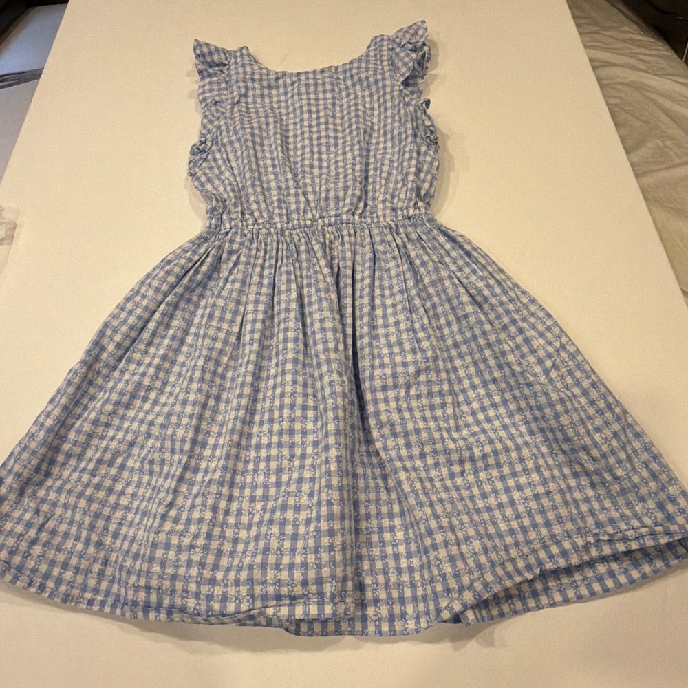 Polo Ralph Lauren Girls Blue Gingham Floral Ruffle Dress Size 14 Cotton